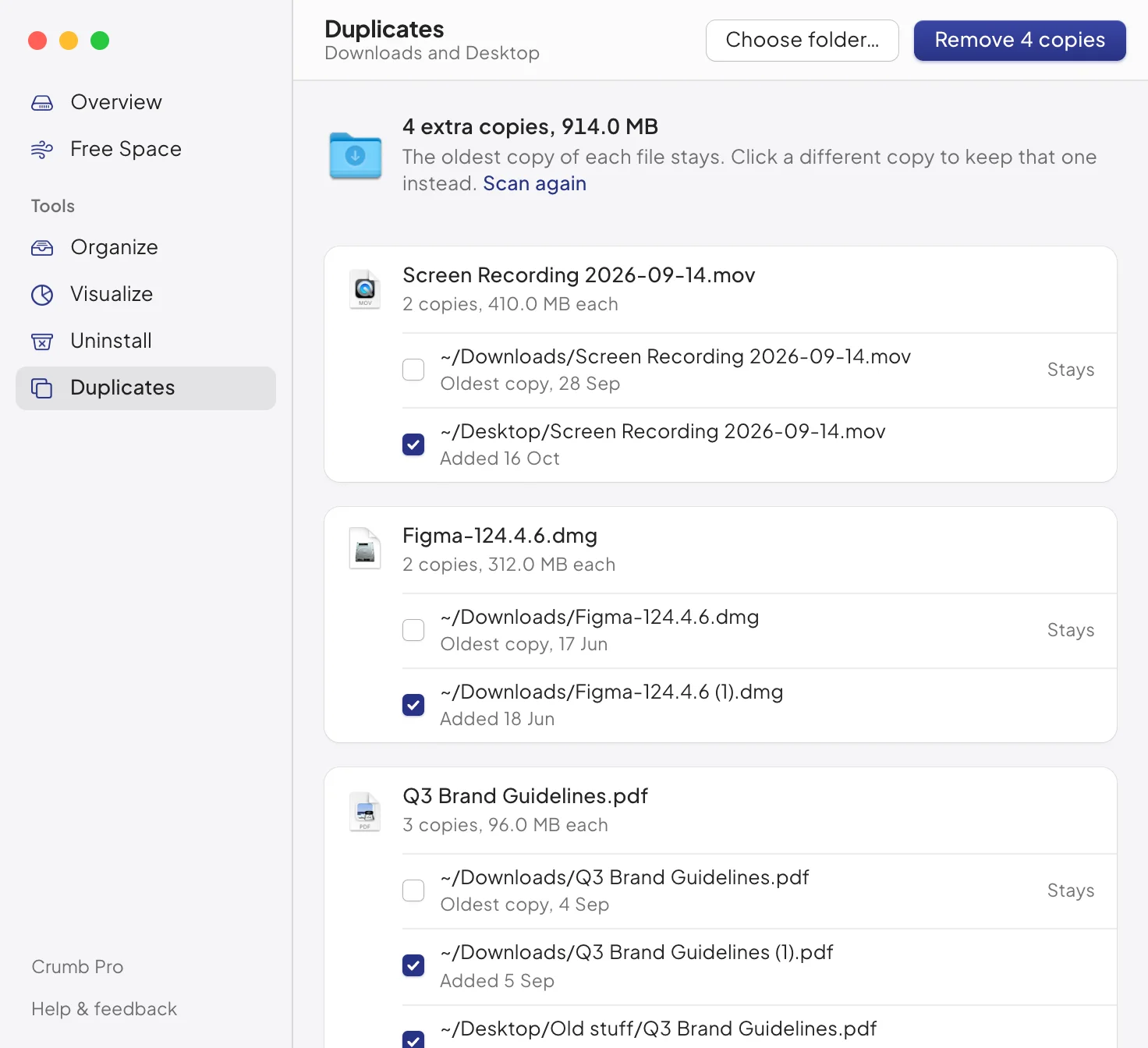 Duplicates: 4 extra copies found, grouped into sets such as a screen recording on both Downloads and Desktop, with the oldest copy of each marked Stays