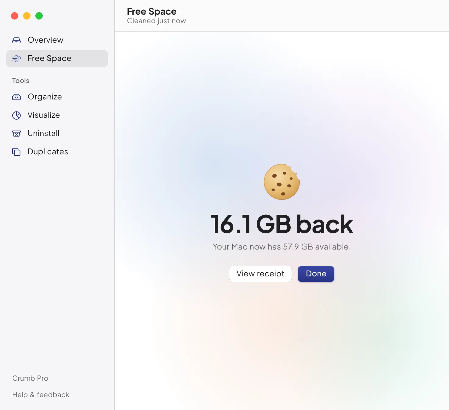 The cleanup is done: a bitten cookie, 16.1 GB back, and how much space the Mac now has