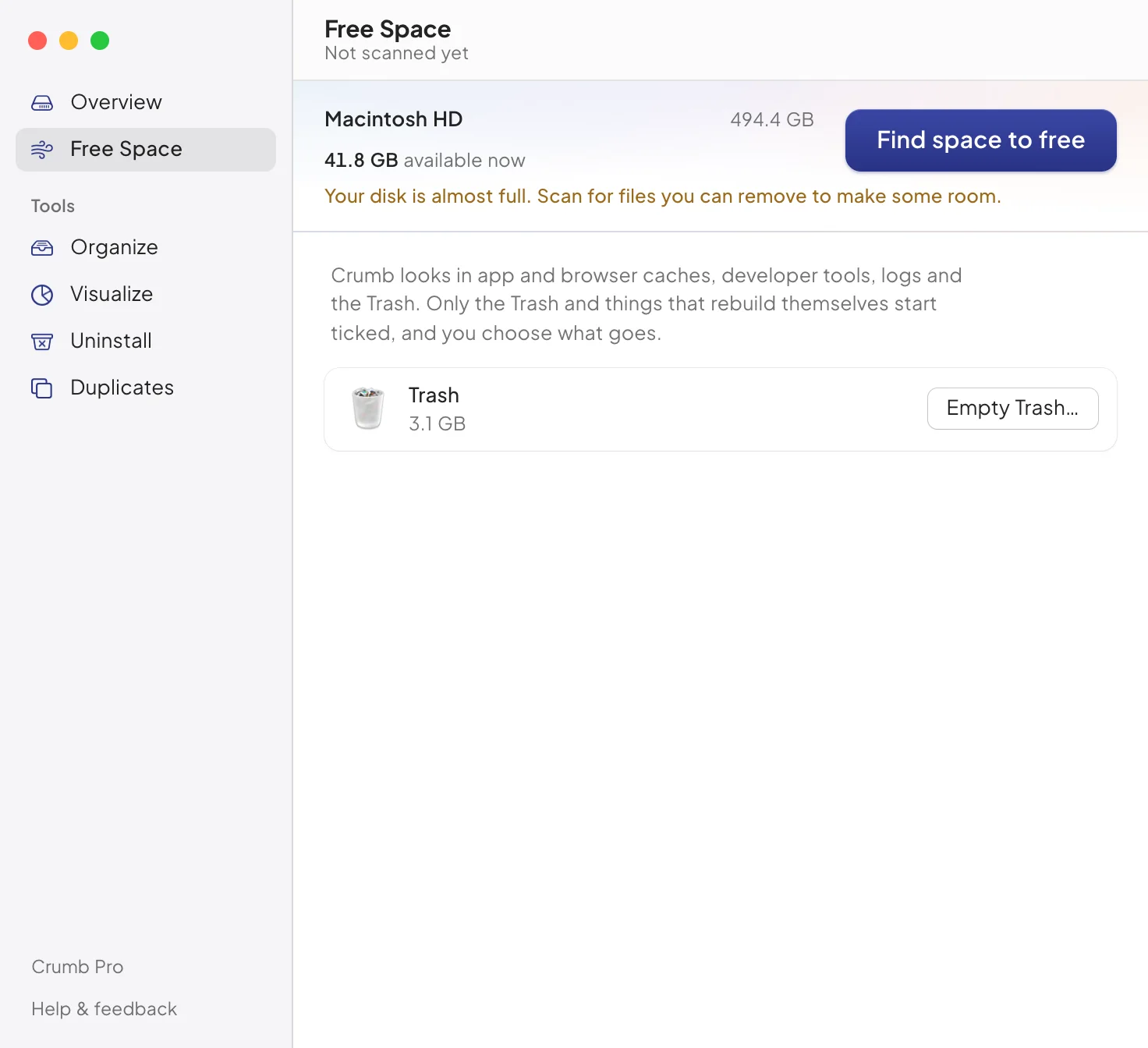 Free Space before a scan: the disk bar, a Find space to free button, and the Trash with its size and an Empty Trash button