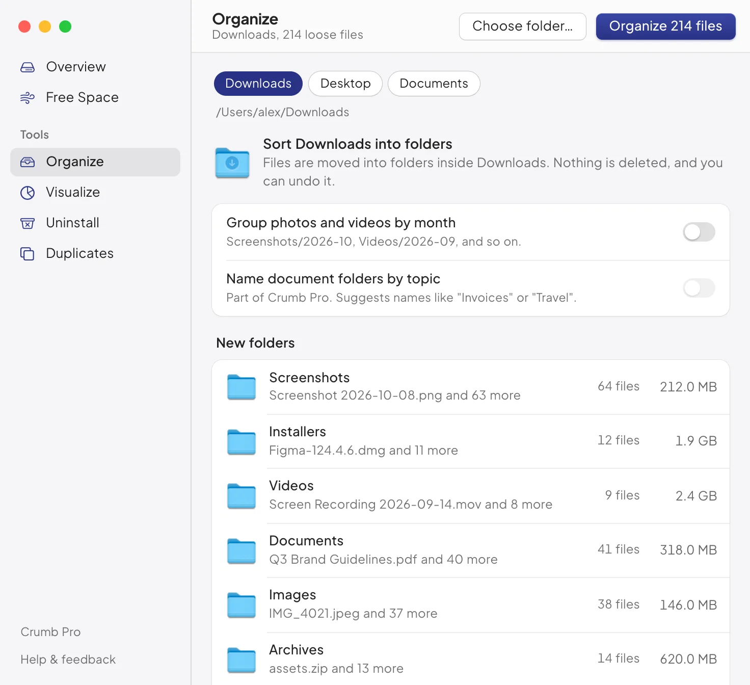 Organize showing Downloads: 214 loose files that would go into new folders called Screenshots, Installers, Videos, Documents, Images and Archives