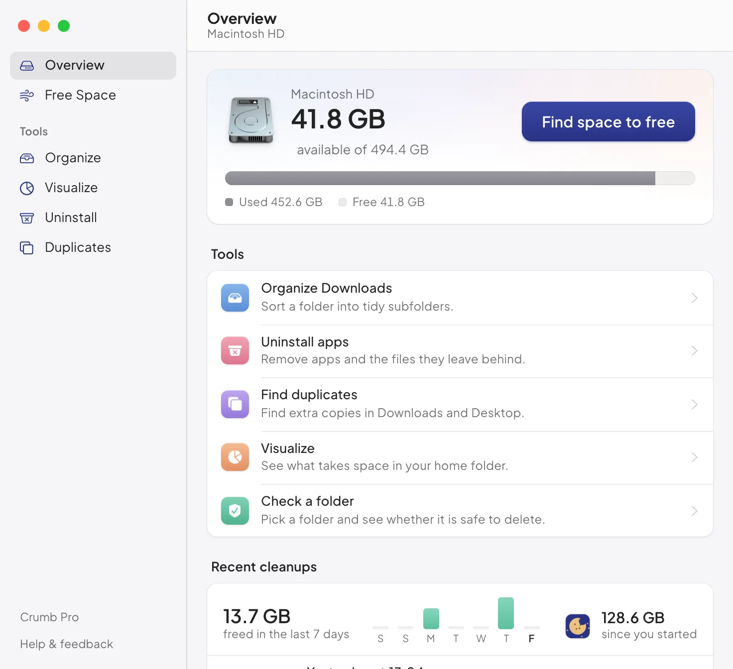 The Crumb window: a sidebar with Overview, Free Space, Organize, Visualize, Uninstall and Duplicates, and the Overview screen showing free space and tools