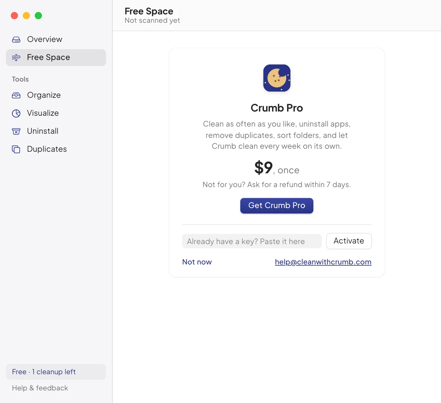 The Crumb Pro screen: what Pro adds, a Get Crumb Pro button, and a field to paste a license key with an Activate button