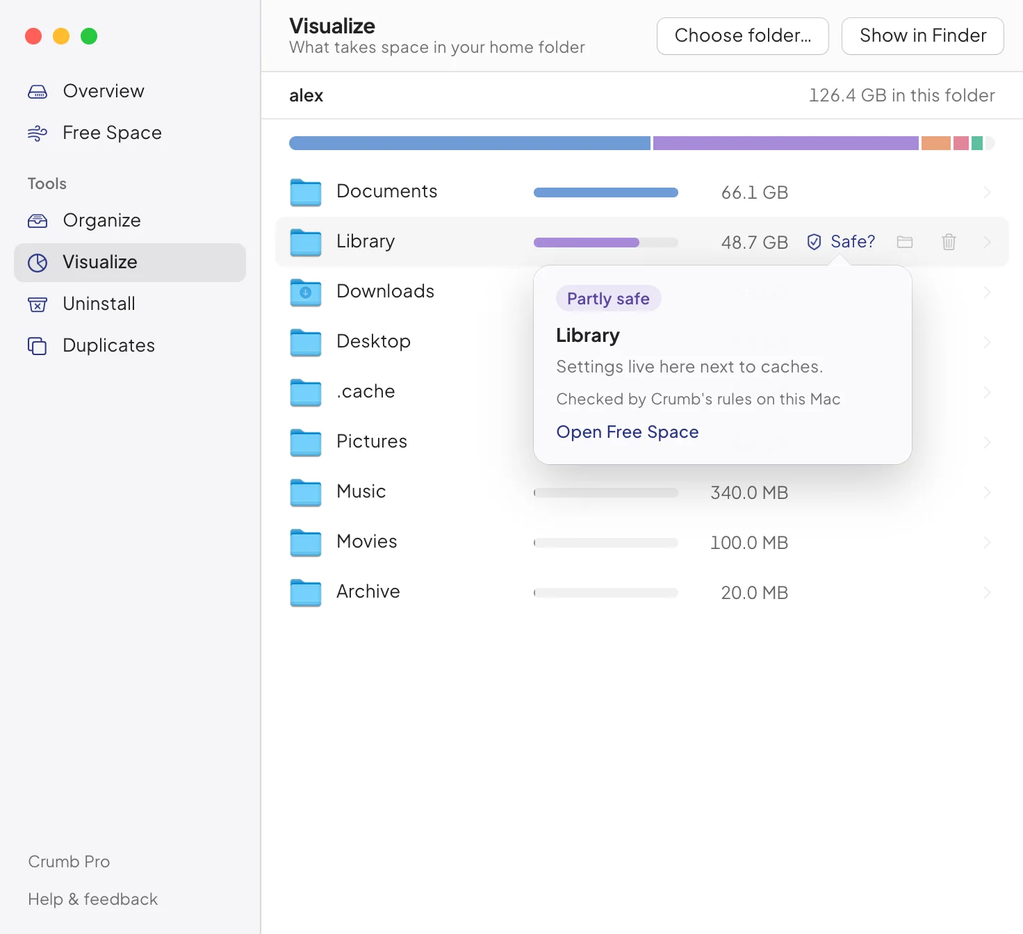 A Safe? answer on the Library folder: Partly safe, settings live here next to caches, with a link to Free Space