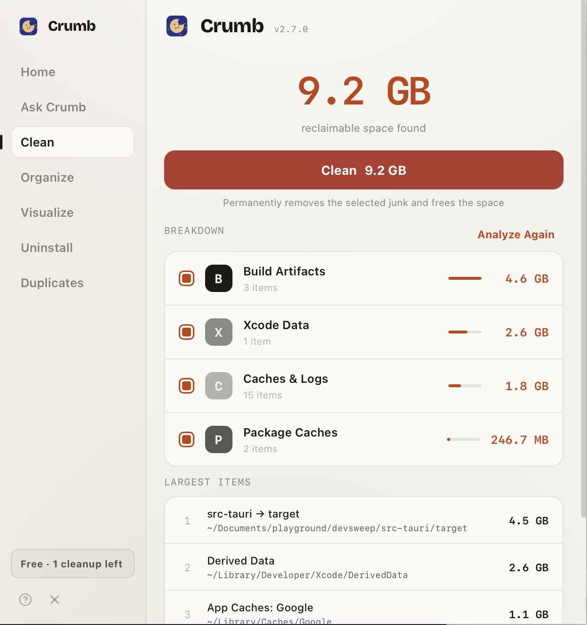 Crumb's Clean results showing 9.2 GB of reclaimable space found, a Clean 9.2 GB button, and a category breakdown of Build Artifacts, Xcode Data, Caches and Package Caches.