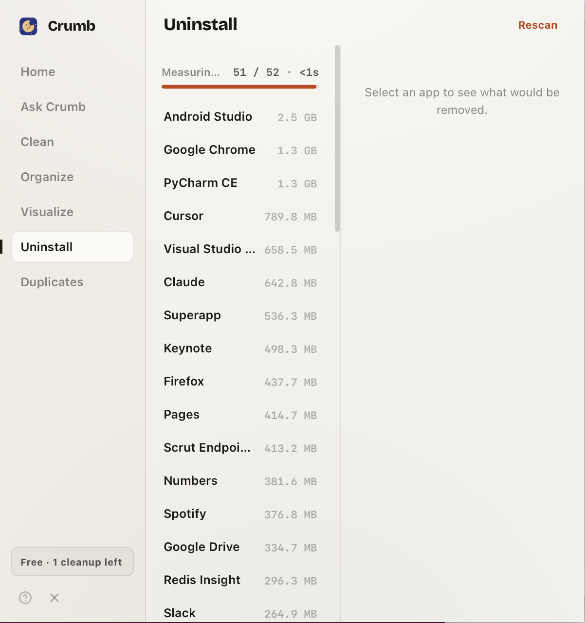 Crumb's Uninstall view listing apps by size — Android Studio 2.5 GB, Google Chrome 1.3 GB, PyCharm CE and more — with measuring progress.