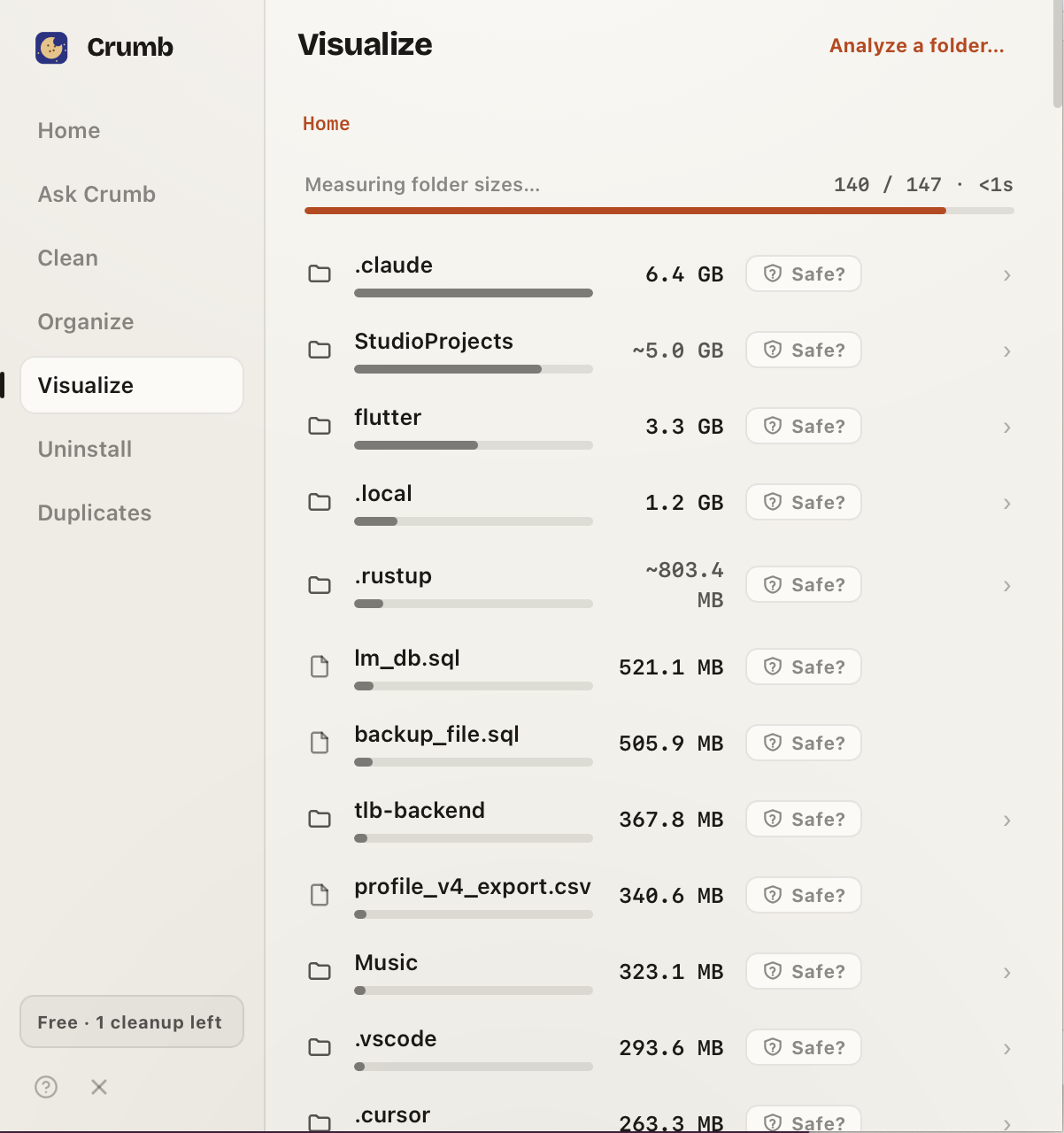 Crumb's Visualize view showing the biggest folders — .claude at 6.4 GB, StudioProjects, flutter and more — each row with a size bar and a Safe? check.